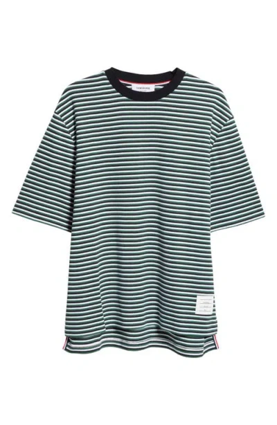 Thom Browne Oversize Stripe High-low Hem Cotton T-shirt In Navy/ Green/ White