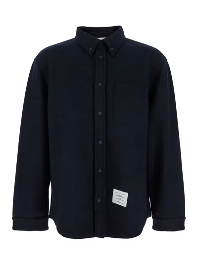 Thom Browne Oversized Button Down Shirt In Boiled Cotton Wool Herringbone In Blue
