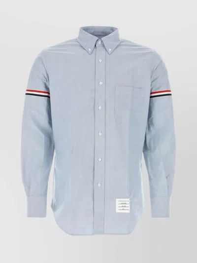 THOM BROWNE OXFORD PIQUET SHIRT WITH BUTTONED COLLAR AND TRICOLOR BANDS