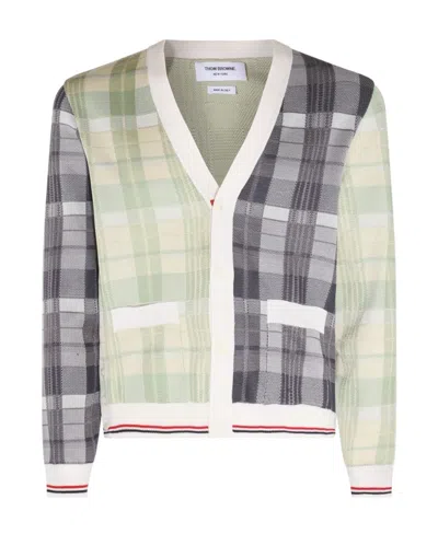 Thom Browne Panelled Checked Cardigan In Gray