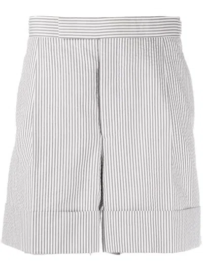 Thom Browne Seersucker Striped Shorts Cuffed Hem In Gray