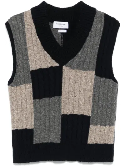 THOM BROWNE PATCHWORK CABLE-KNIT VEST