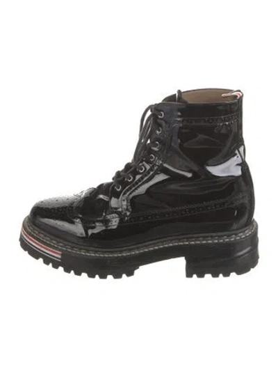 Pre-owned Thom Browne Patent Leather Combat Boots In Black