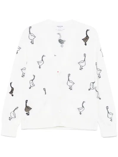 Thom Browne Pattern-intarsia Virgin Wool Cardigan In White