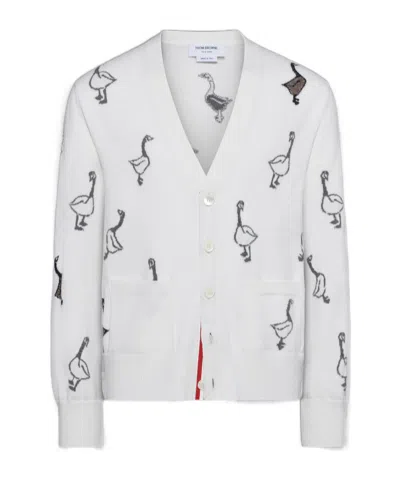 Thom Browne Pattern-intarsia Virgin Wool Cardigan In White