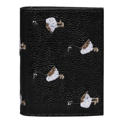 Thom Browne Pebble Grain Goose Embroidery Double Card Holder Men In Black