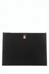 Thom Browne Pebble Grain Leather Clutch With Tricolor Detail In White