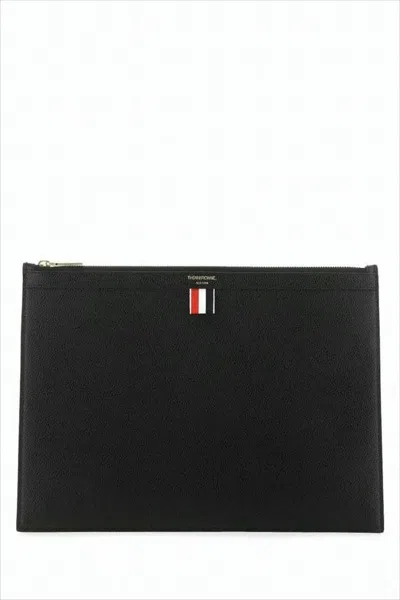 Thom Browne Pebble Grain Leather Clutch With Tricolor Detail In White