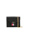 Thom Browne Mini 3-bow Card Holder With Chain Strap In Pebble Grain Leather In Black