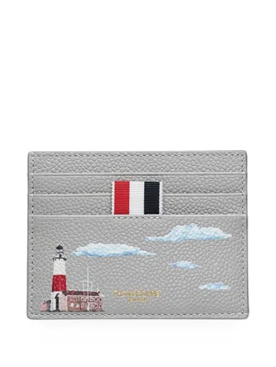 Thom Browne Pebbled-leather Card Holder In Gray