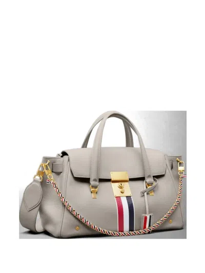 Thom Browne Pebble-grain Striped-detail Tote Bag In Gray