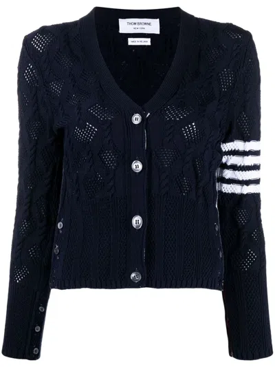 Thom Browne Perforated 4-bar Stripe Cardigan In Blue
