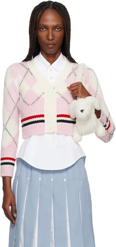 THOM BROWNE PINK ARGYLE MERINO SHRUNKEN CARDIGAN