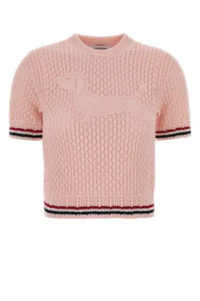 Thom Browne Hector Icon Cotton Pointelle Stitch Crop Sweater In Pink