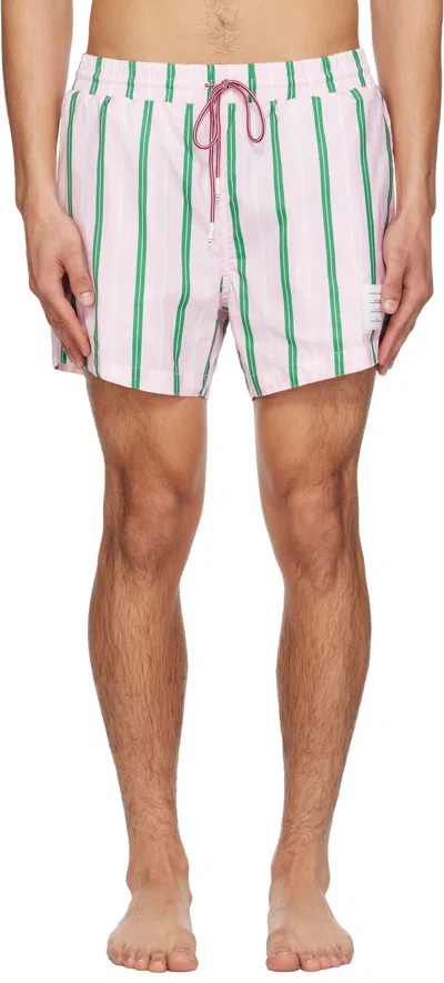 Thom Browne Drawstring Striped Printed Swim Trunks In Blue