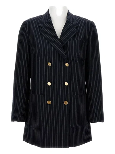 Thom Browne Navy Pinstripe Double-breasted Jacket With Gold-tone Buttons In Blue