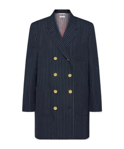 Thom Browne Pinstripe High Twist Wool Sack Sportcoat Dress In Blue
