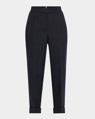 Thom Browne Pinstriped Backstrap Cropped Trousers In Blue