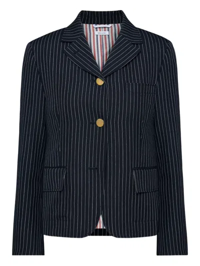 Thom Browne Pinstriped Fitted Jackets In Black