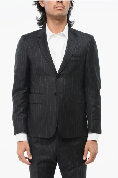 Thom Browne Pinstriped Wool Side Vents Notch Lapel 2-button Blazer In Black