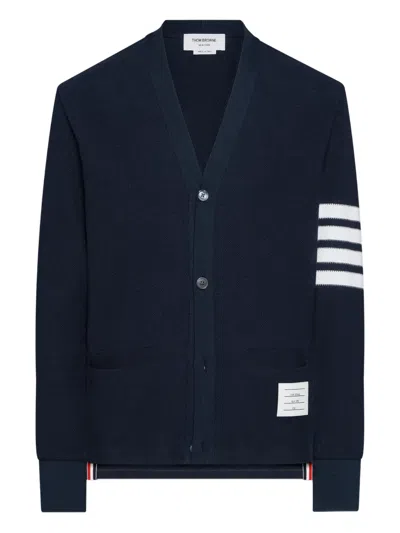 Thom Browne V Neck Cardigan Striped Detail Ribbed In Blue