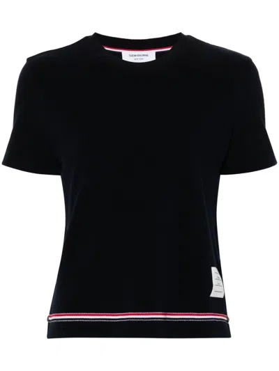 Thom Browne Navy Blue Piqué Cotton T-shirt With Tricolor Stripe