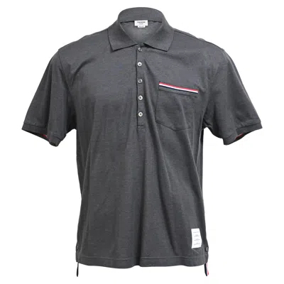 THOM BROWNE PIQUÉ POLO SHIRT WITH STRIPED TRIM IN GREY COTTON