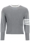 Thom Browne Placed Baby Cable 4-bar Cotton Sweater In Grey