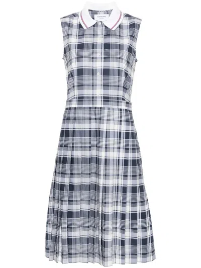 Thom Browne Plaid-check Pleated Shirtdress In Blue
