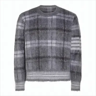 Thom Browne Plaid Knit Sweater With Fuzzy Texture And Cropped Hem In Gray