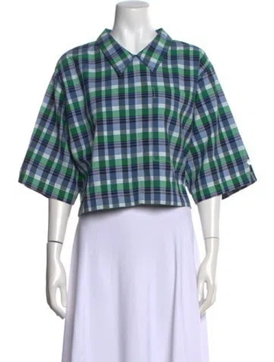 Pre-owned Thom Browne Plaid Print Three-quarter Sleeve Button-up Top In Blue