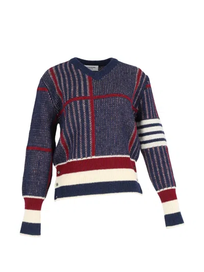 Pre-owned Thom Browne Plaid V-neck Sweater In Blue