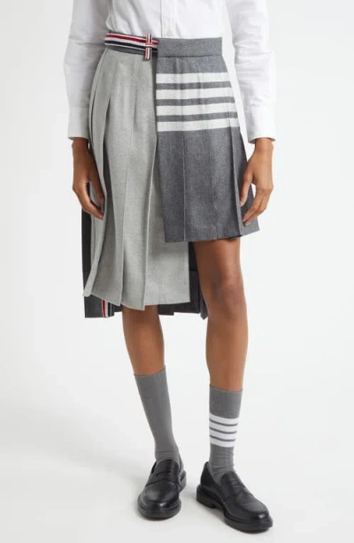 Thom Browne Pleated Asymmetric Mixed Media Wrap Skirt In Gray