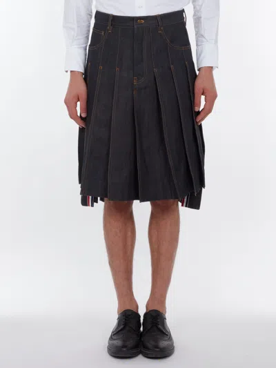 Thom Browne Pleated Japanese Selvedge Denim Skirt In Blue