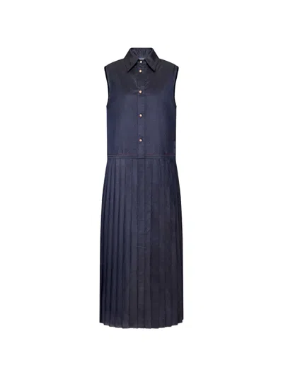 Thom Browne Pleated Midi Dress In Blue
