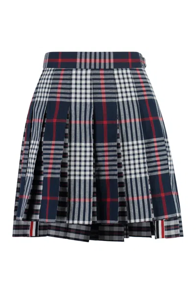 Thom Browne Pleated Prince Of Wales Checked Cotton Mini Skirt In Black