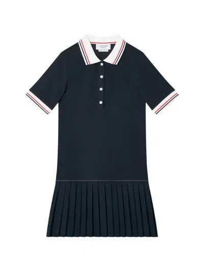Thom Browne Kids' Pleated Pique Dress In Blue