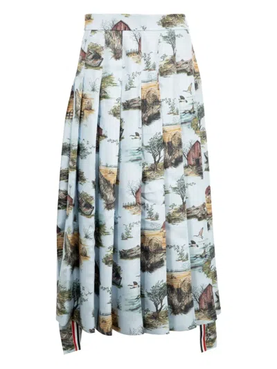 Thom Browne Pleated Scenic-toile Midi Skirt In Blue
