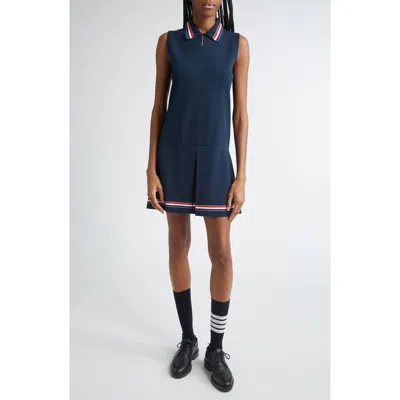 Thom Browne Pleated Skirt Sleeveless Polo Dress In Navy