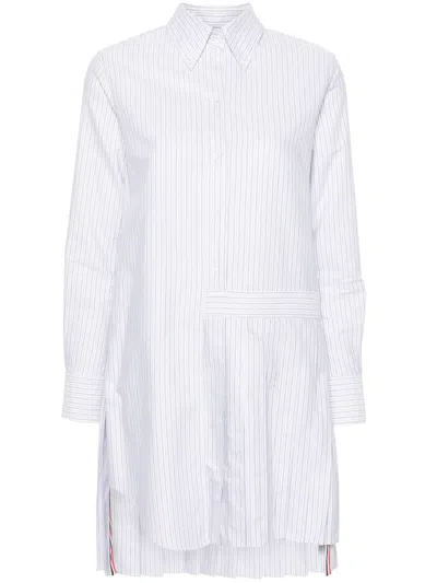 Thom Browne Oxford Stripe Oversized Shirtdress With Asymmetric Pleat Detail In Blue