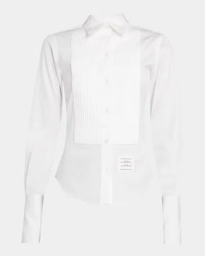 Thom Browne Plisse Bib Button Down Point Collar Shirt In White