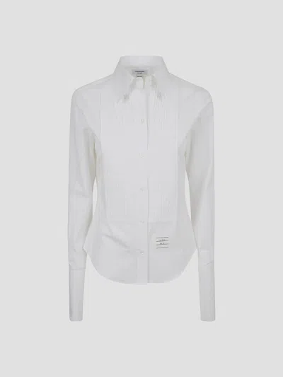 Thom Browne Plisse Bib Button Down Point Collar Shirt In White