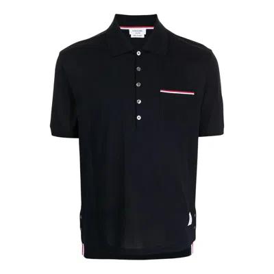 Thom Browne Cotton Polo Shirt With Rwb Stripe Logo Patch In Black