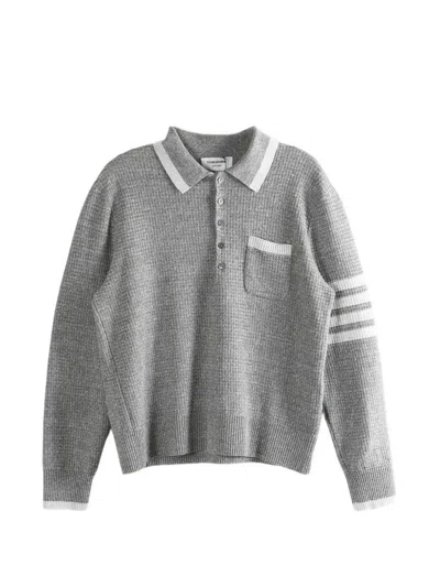 Thom Browne Grey Polo Shirt With 4-bar Detail On The Sleeve In Wool And Silk Blend Man In Gray