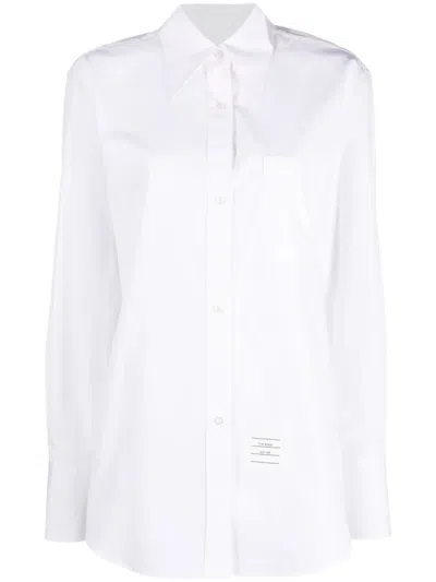 Thom Browne Classic Point Collar Long Sleeve Cotton Blouse In White