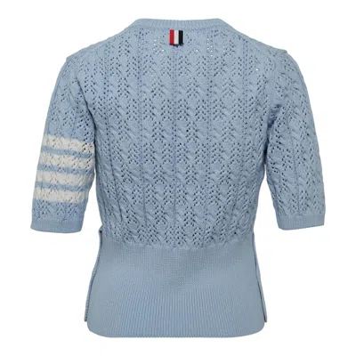 Thom Browne Pointelle Cable Stitch Tee In Blue