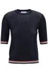 Thom Browne Navy Blue Piqué Cotton T-shirt With Tricolor Stripe In Blu