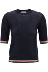 Thom Browne Navy Blue Piqué Cotton T-shirt With Tricolor Stripe In Blue