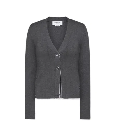 Thom Browne Pointelle Ribbed Knit Cardigan In Gray