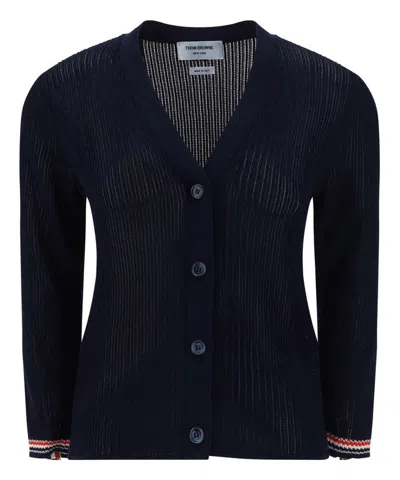 Thom Browne Pointelle-knit Rwb Stripe Buttoned Cardigan In Multi